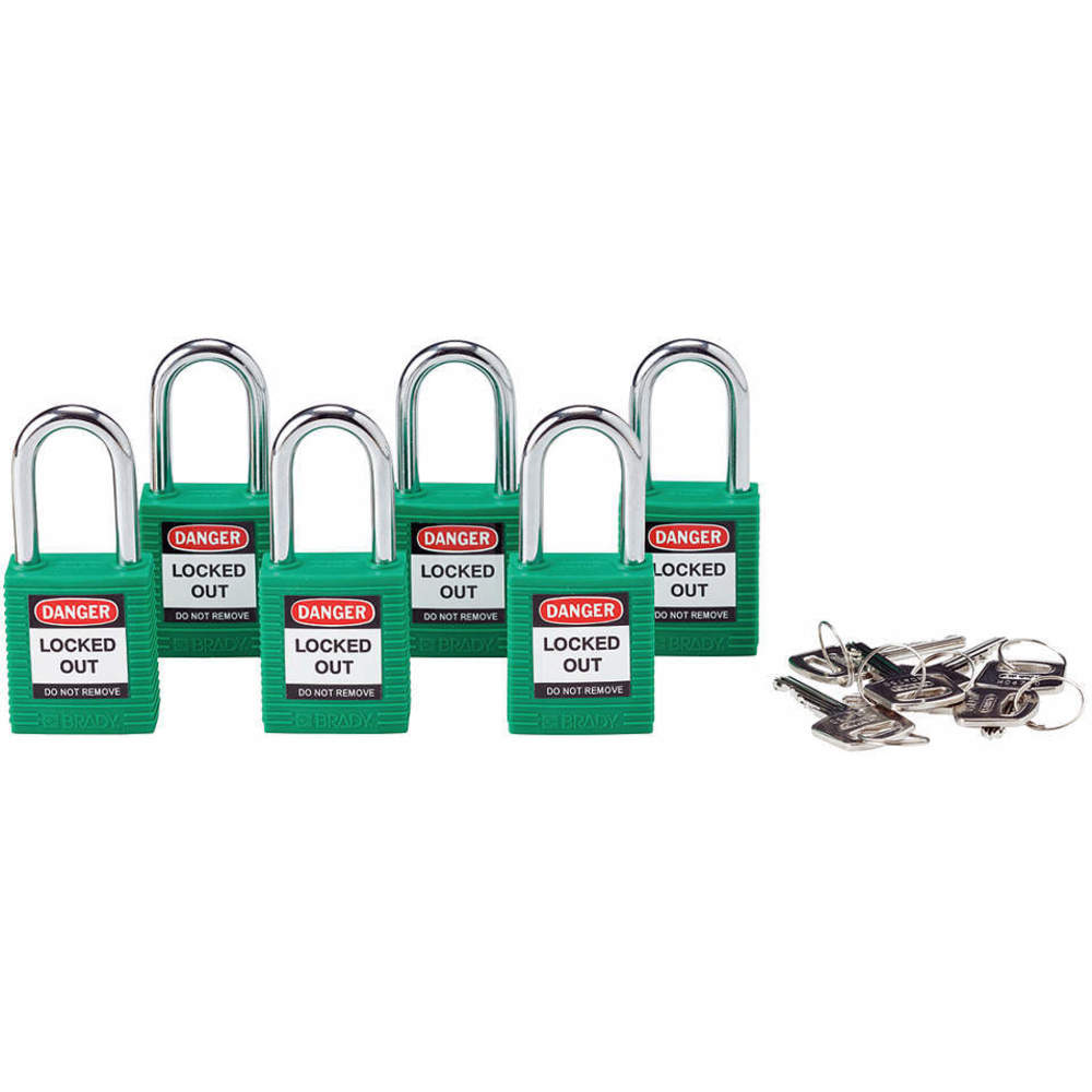 Lockout Padlock, Keyed Alike, Nylon, Standard Body Size, Hardened Steel, Green, 6PK