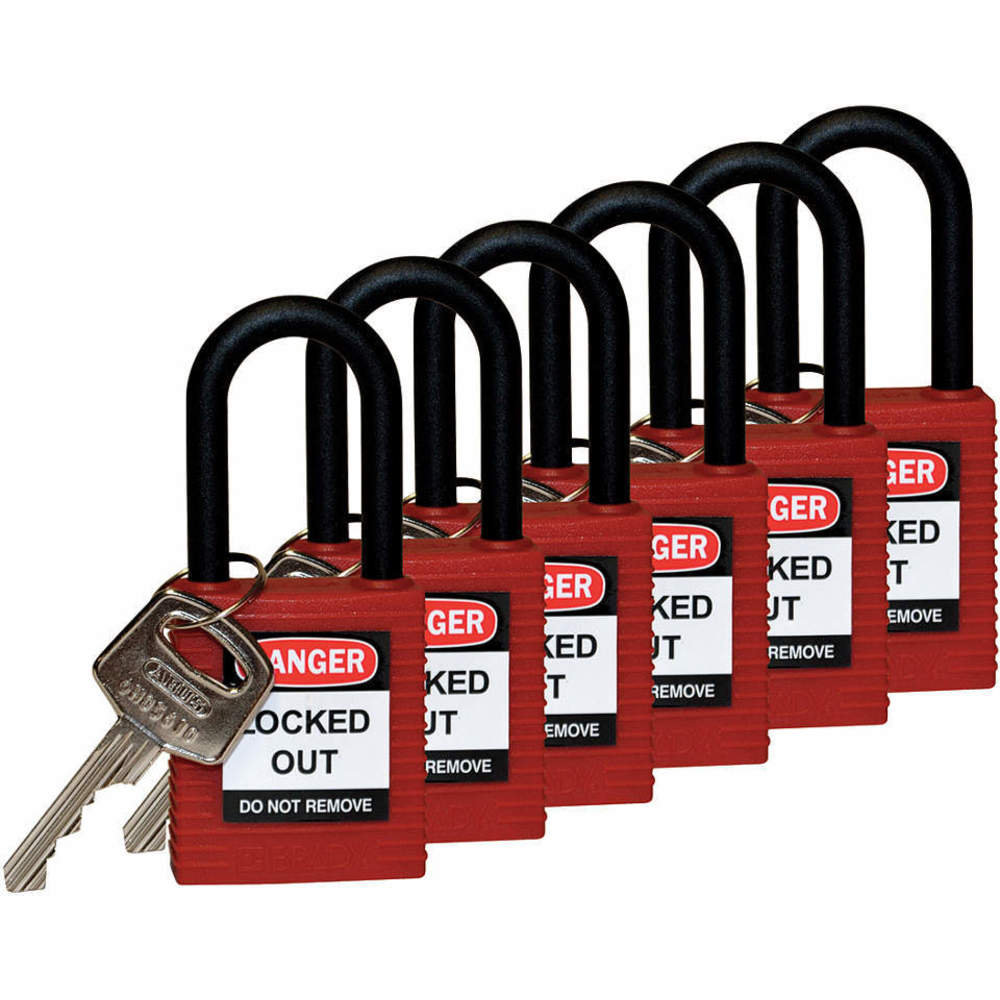 Lockout Padlock, Keyed Alike, Nylon, Standard Body Size, Nylon, Red, 6PK