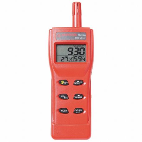 Hand-Held Carbon Dioxide Meter, LCD, 0 to 9999 ppm CO2 Concentration, 14 Deg to 140 Deg F