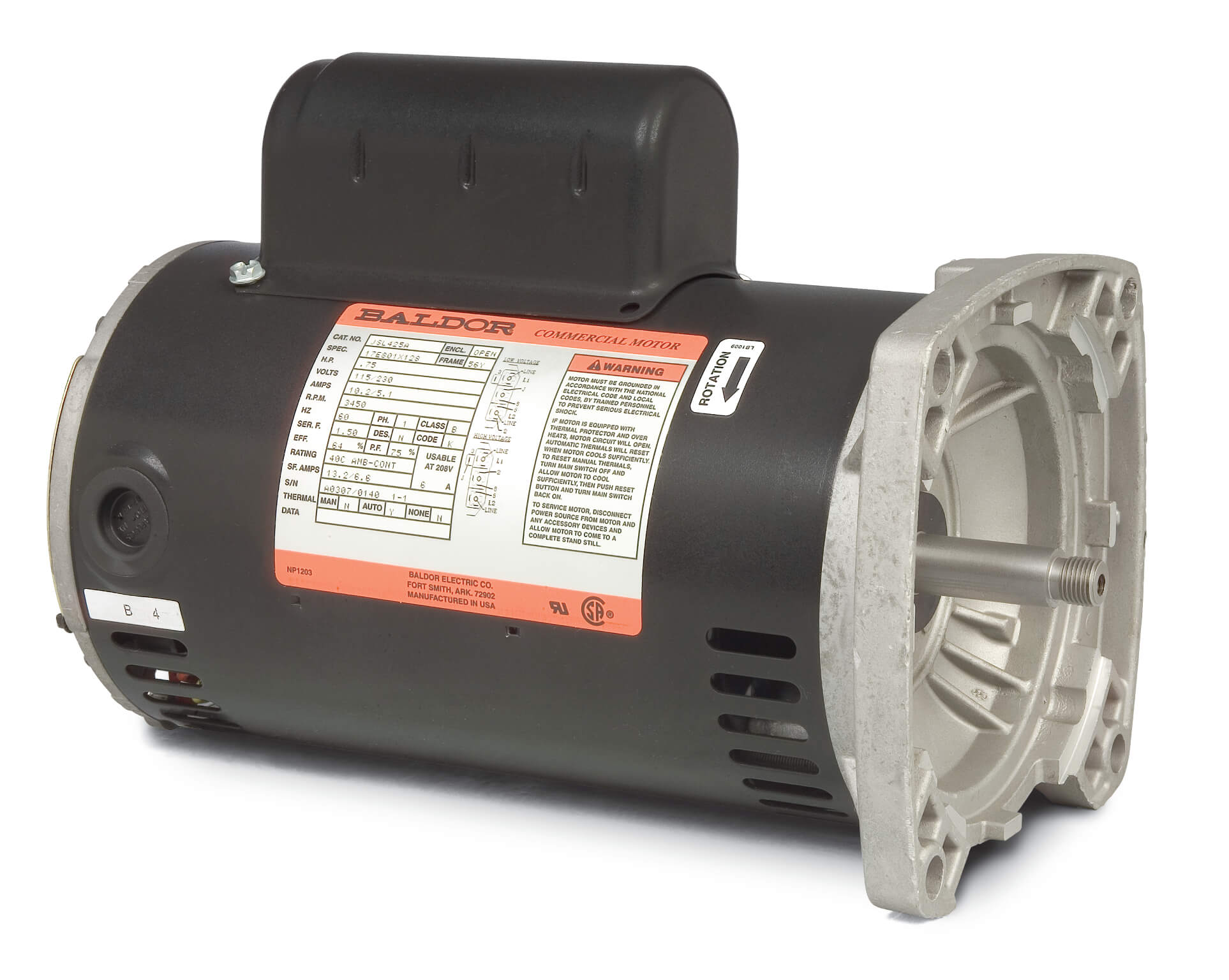 Square Flange Pump Motor, 115/230V, 3600 RPM, 60 Hz, 0.75 hp, 1 Phase, ODP, 56Y Frame