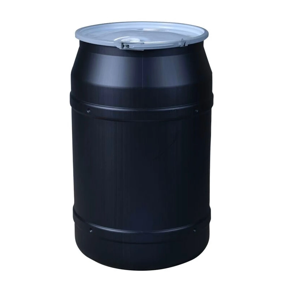 Open Head Poly Drum, 55 Gal, Black, Metal Lever-Lock Ring Str Sided w/Bung Lid
