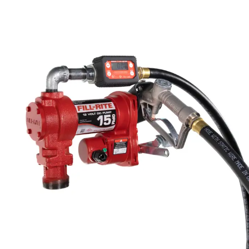 Fuel Transfer Pump, 12 VDC, 15 GPM, 12 ft Hose Length, Cast Iron, Manual