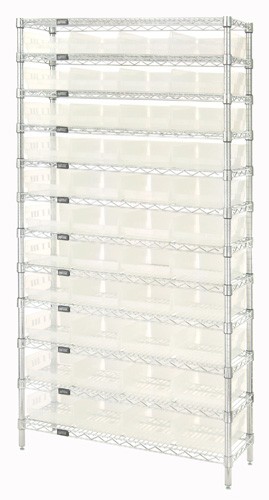 Wire Shelving, Clear View, 12 Shelf Unit, 18 x 36 x 74 Inch Size, 44 Bins